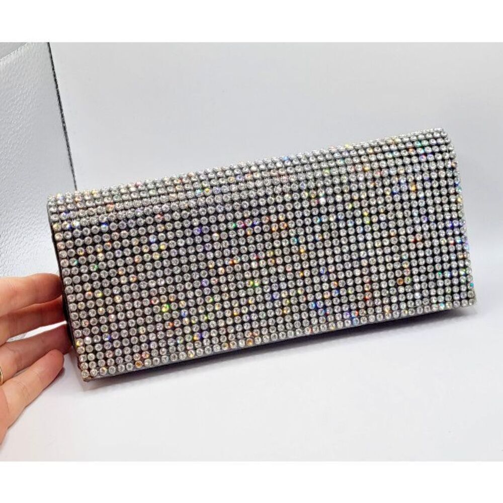 Vintage 90s Minimalist Rhinestone Vegan Leather Clutch 9in wide